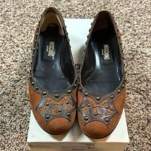 ISO Moschino Tan and Black Studded Loafers